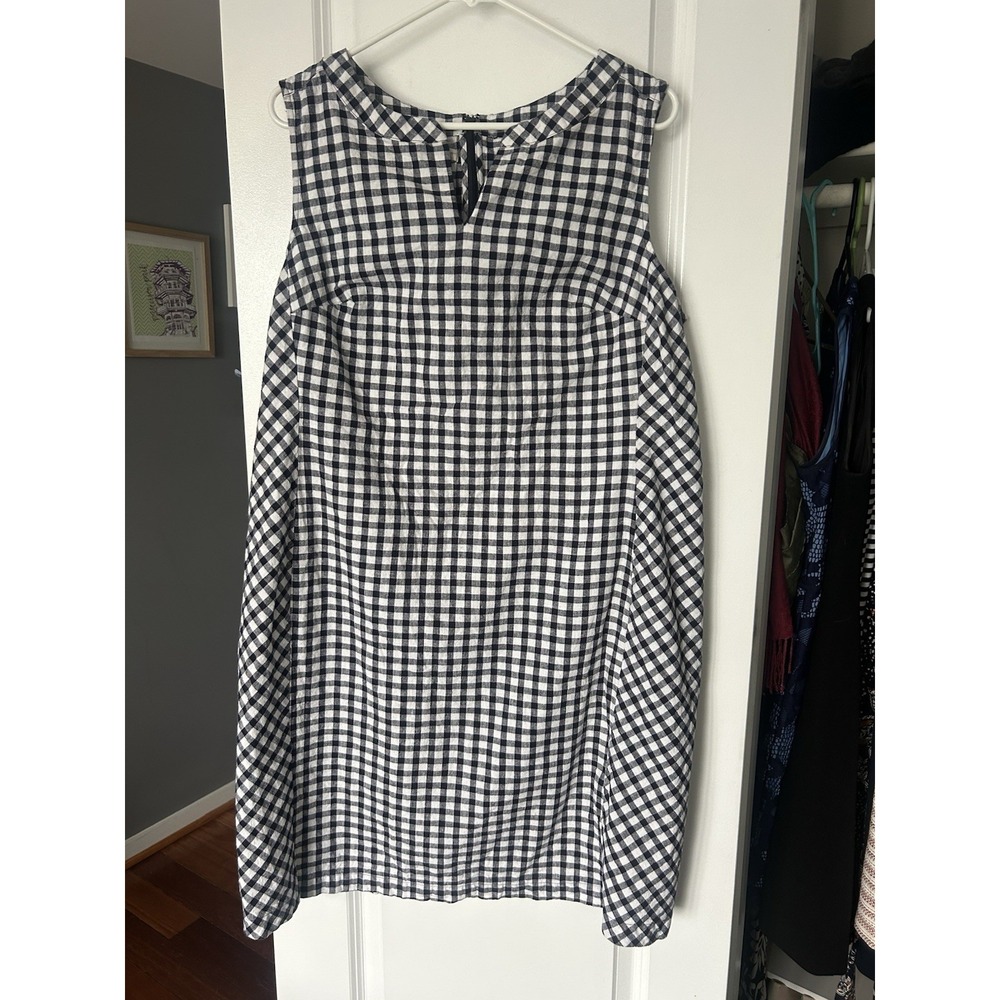 Talbots Womens 16 Navy White Gingham Linen Cotton Blend Sleeveless Shift Dress
